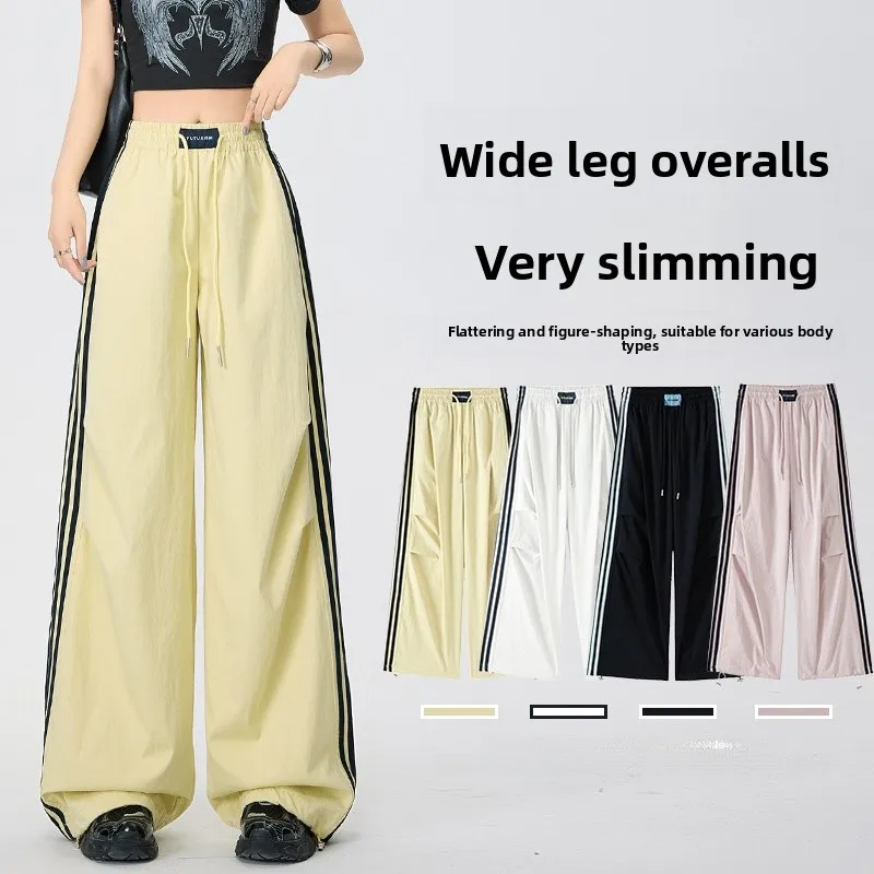 

Американские рабочие брюки в полоску для женщин, весна 2026, новые, быстросохнущие, спортивные, с высокой талией, свободные, широкие штанины, с манжетами, двусторонние