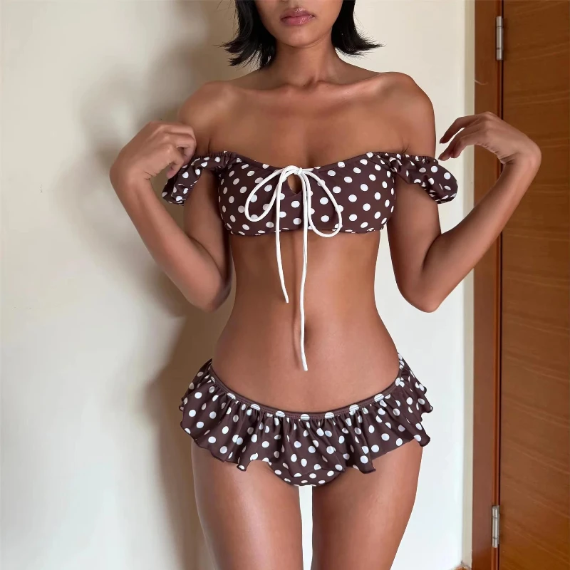 

Y2K Vintage Backless Neck Holiday INS Sexy Spice Girls Fashion Suit Polka-dot Pants Ruffled Creative Bikini Women Split Swimsuit