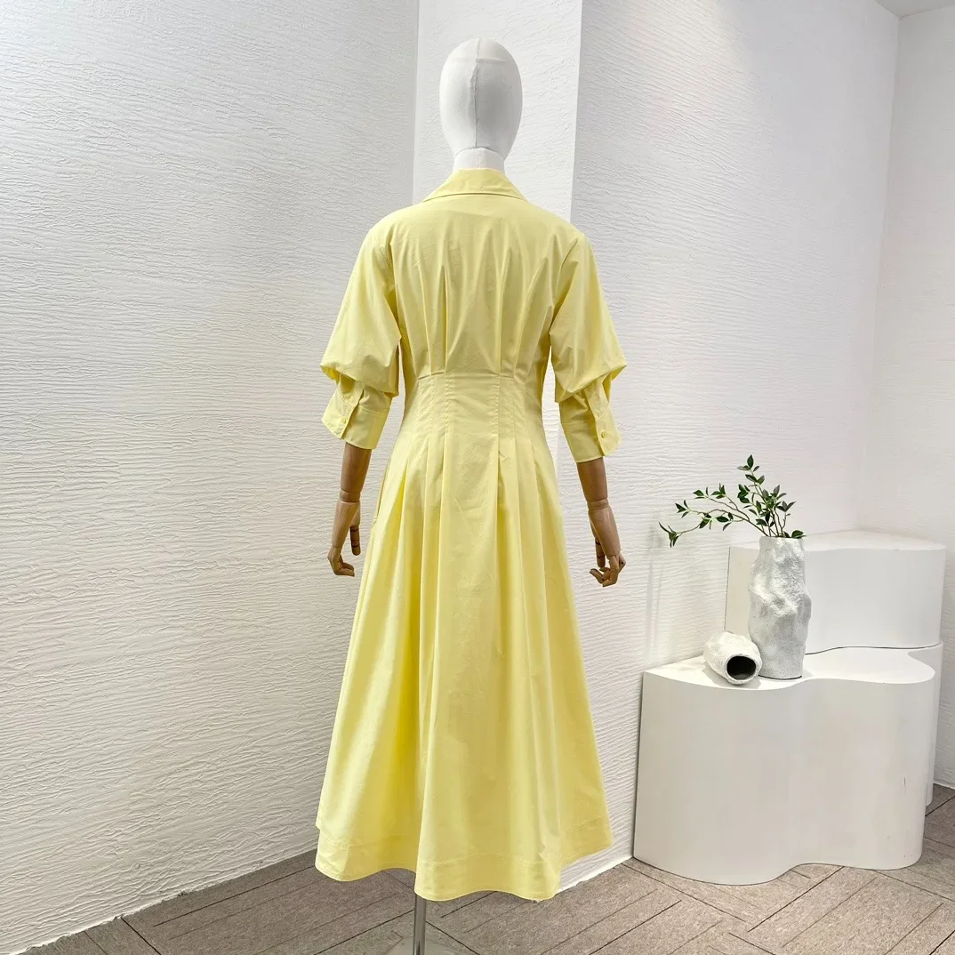 2024 Summer Women Casual Yellow Half Pile Up Sleeve Pleat Waist Shirt Ruffles Turn Down Collar Front Buttons Closure Midi Dress