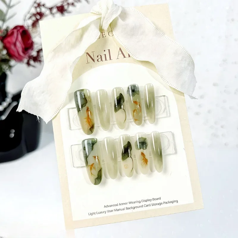 10Pcs Oriental-Themed Press-On Nails with Lotus Leaf,Koi Fish,Bamboo Patterns Crescent Moon Designs Nail Tips for Women&Girls - Image 5