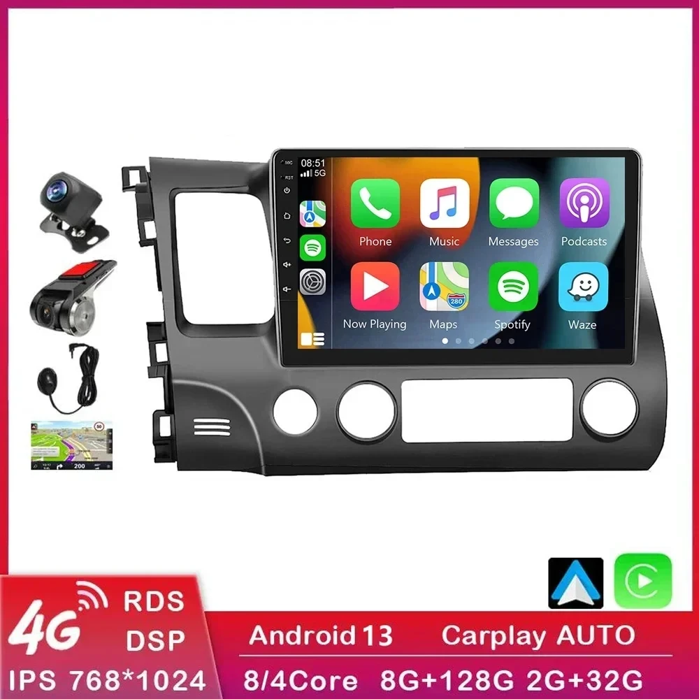 

2 Din 4G+wifi Car Radio for Honda Civic 2006 2007 2008 2009 - 2012 Multimedia Player Android 14 Carplay Stereo GPS Audio DVD