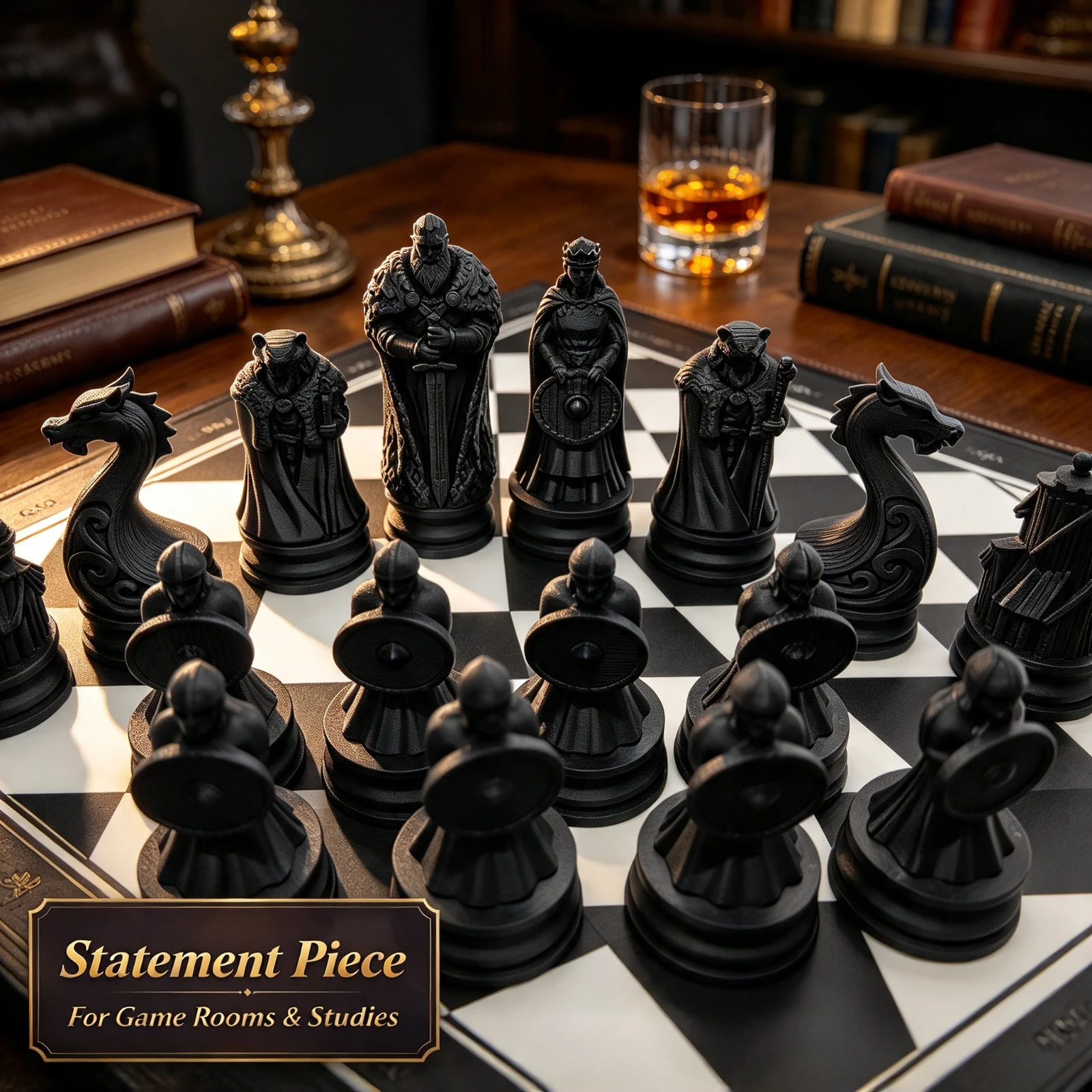 3D Printed Viking Chess Set, Black Warrior Figures Board Game, Pieces Home Table Decoration Gift, For Adults Men Strategy Toy
