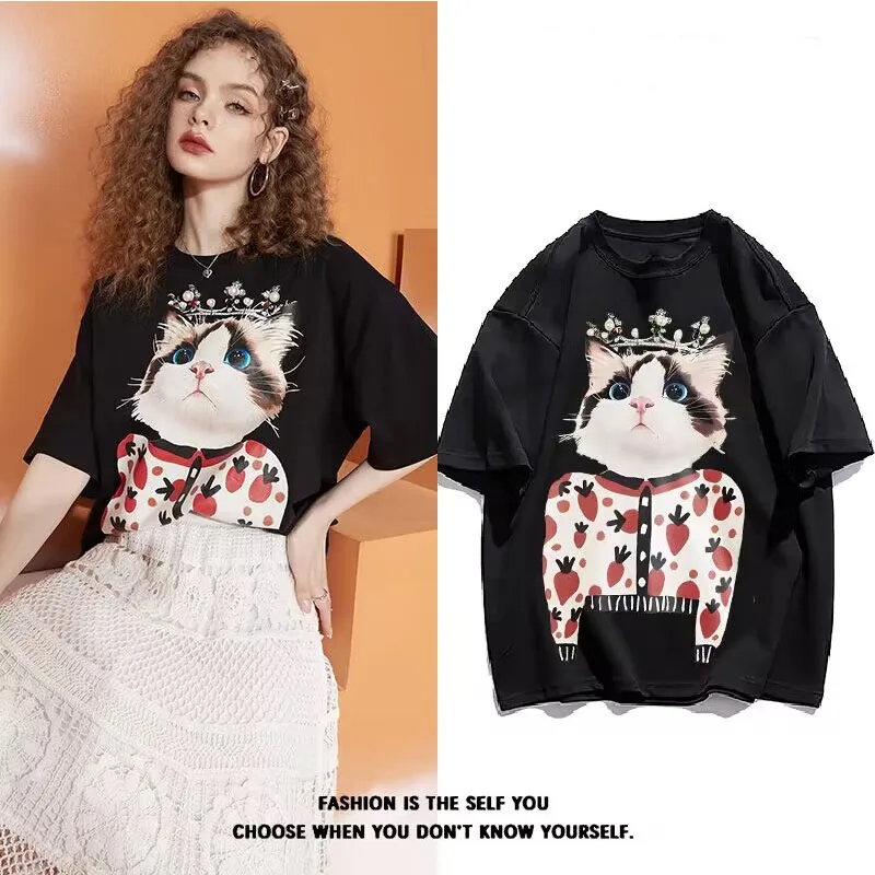 2023 Harajuku Oversize Female Tshirt Print Cat Short Sleeve black Tops Tees Fashion Casual T Shirt Women Clothing Sport Tshirt