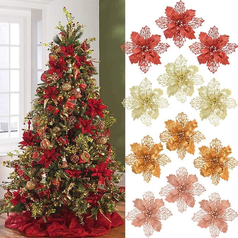 10Pcs 9-16cm Artificial Christmas Flowers Xmas Tree Decoration Glitter Red Poinsettia Flowers For Home Navidad New Year Ornament