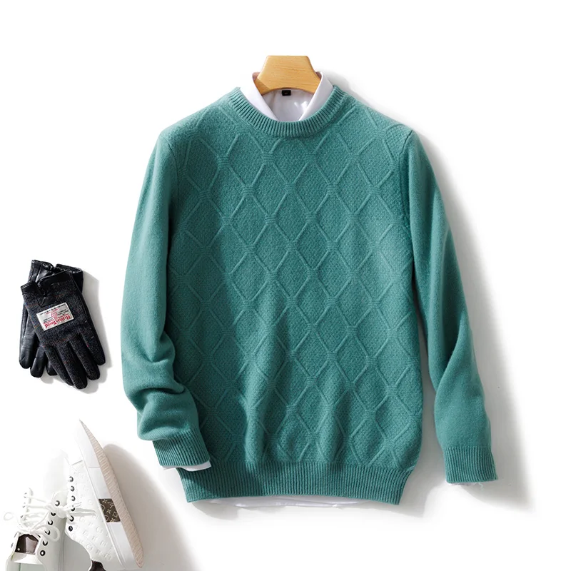 New Men\'s O-neck Diamond Grid Pullover 100% Pure Cashmere Wool Soft Sweater Autumn Winter Casual Thick Basis Large Size Top