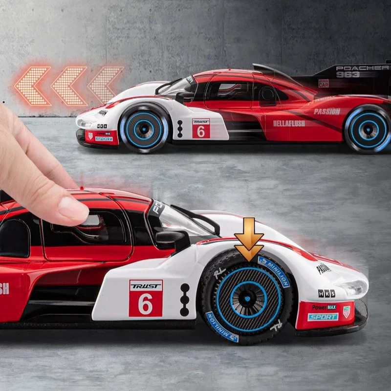 1:22 963 Metalowy Model Samochodu Wyścigowego, Zabawka, Odlewany Metal, Dźwięk, Światło, Napęd Pull-Back, Miniaturowy Samochód, Prezent dla Chłopca na Boże Narodzenie