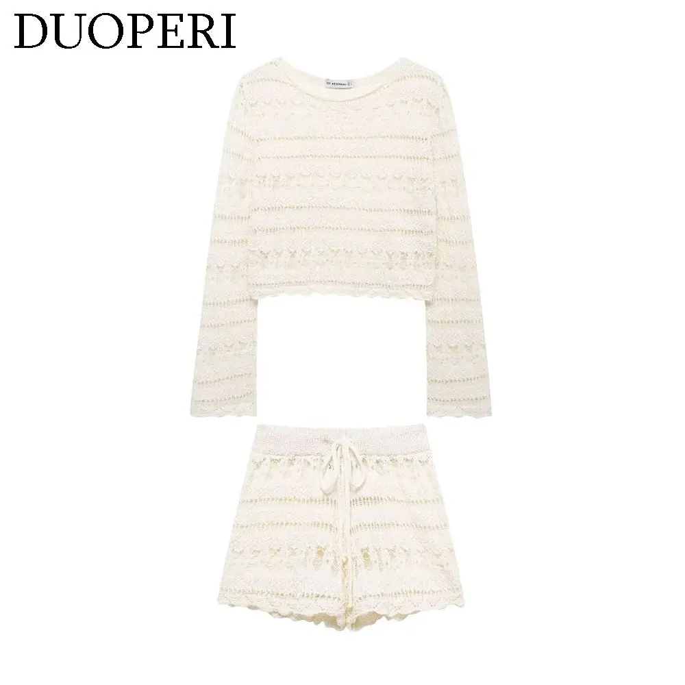 DUOPERI Women Fashion Two Pieces Sets Crochet Sweater Shirt and Elastic Waist Shorts Female Chic Lady Casual Shorts Suit