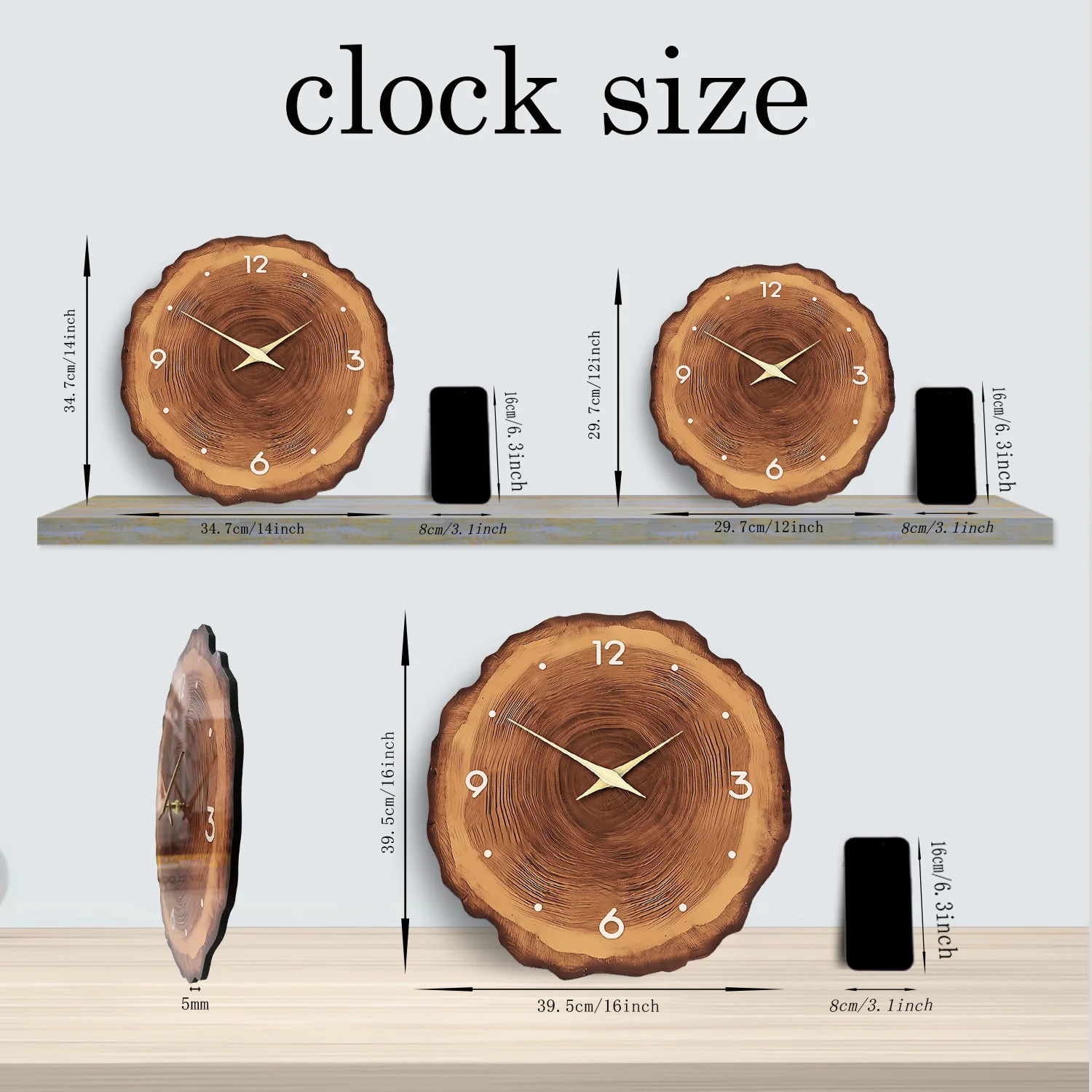 1pc Holzring Furnier Wanduhr, flache Holz Querschnitt Textur Muster Massivholz Zeiger Design Wanduhr, stille Uhr