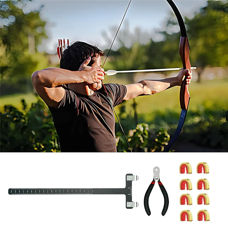 AED2-Bow String Nocking Points ชุด T ไม้บรรทัด Nocking คีมหัวเข็มขัดและ 8 ชิ้น Nocking ชุดหัวเข็มขัด