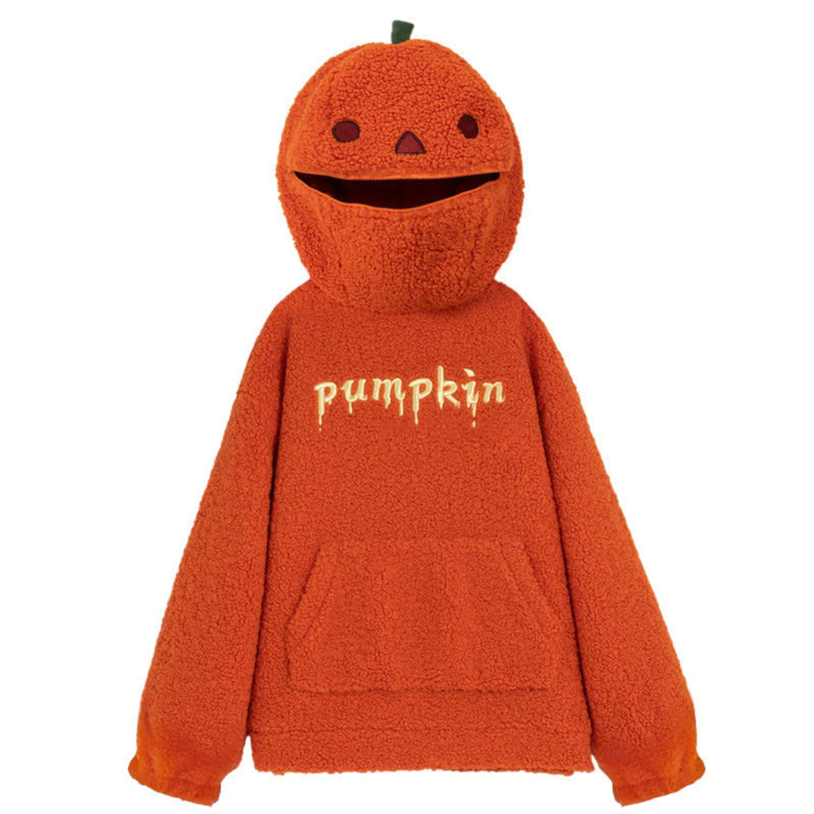 Women\'s Halloween pumpkin shaped hoodie Round Neck Hooded Autumn Sweatshirt Double-Faced Fleece Cute Halloween Sweater tops