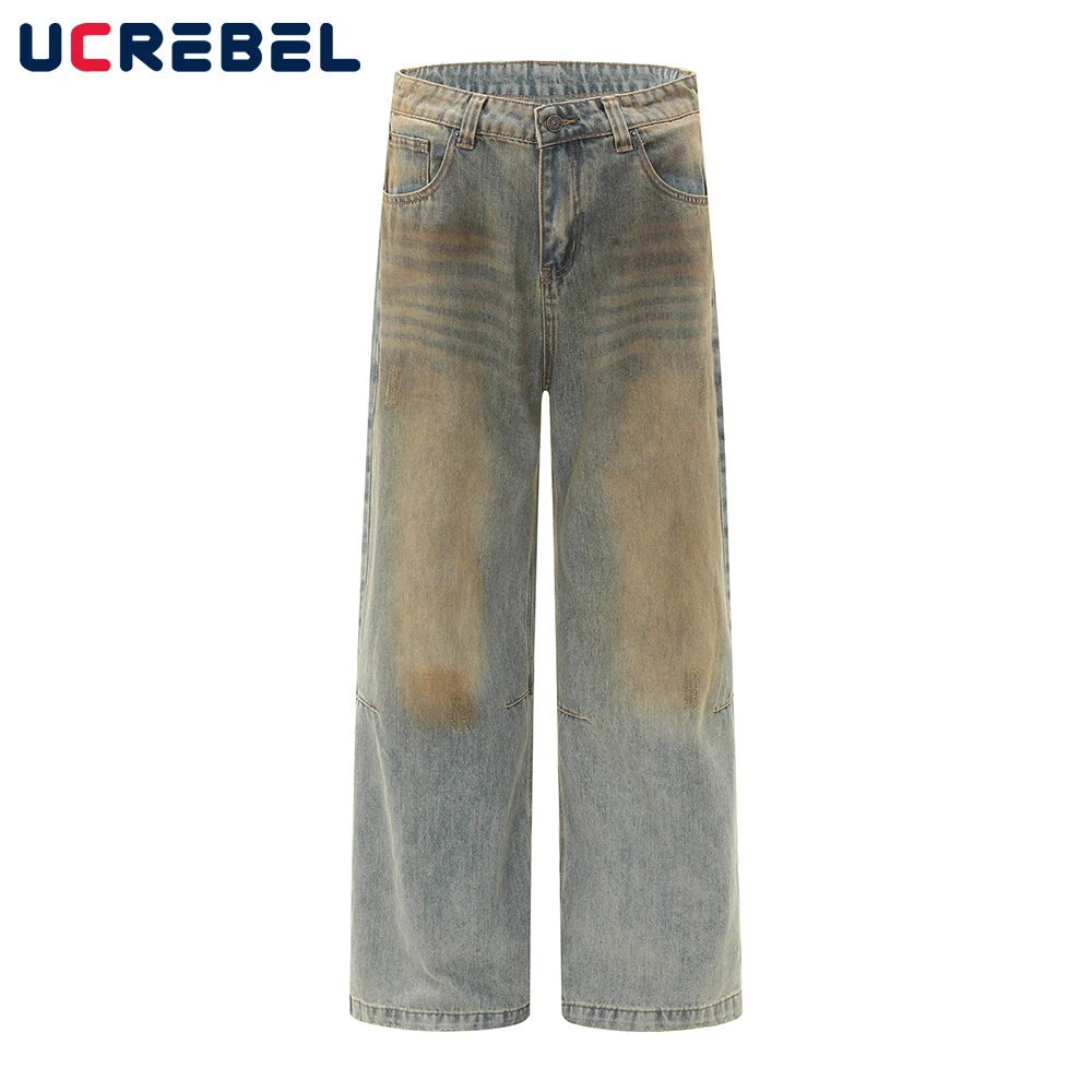 Ripped Dirty wash Jeans Mens Spring Vintage High Street Straight Loose Wide leg Washed Distressed Denim Pants Men