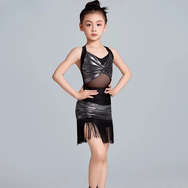 

Girls Halter Latin Dance Dress Chacha Samba Rumba Latin Dance Competition Dresses Child Stage Costumes black