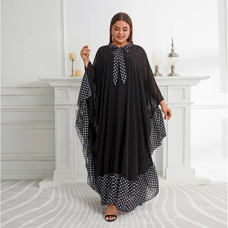 

Abaya For Women Loose Ramadan Gurban Oversized Bat Sleeves Dot Print Color Matching Robe Cover Up Dress O-neck Women Clothing