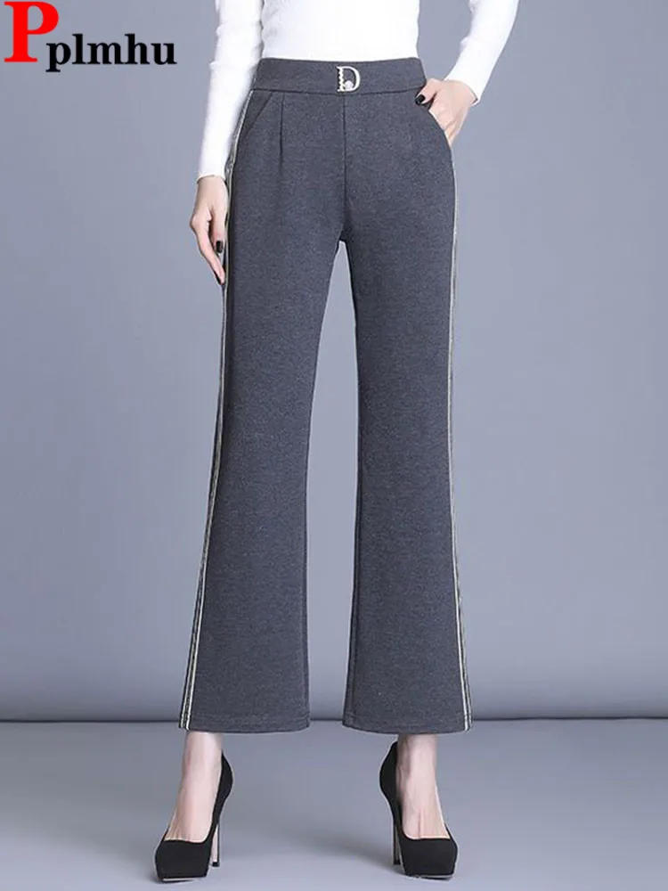 

Spring Fall Slim Side Striped Flare Pants Women Casual Elastic High Waist Wide Leg Pantalones Korean Fashion Calca New Spodnie