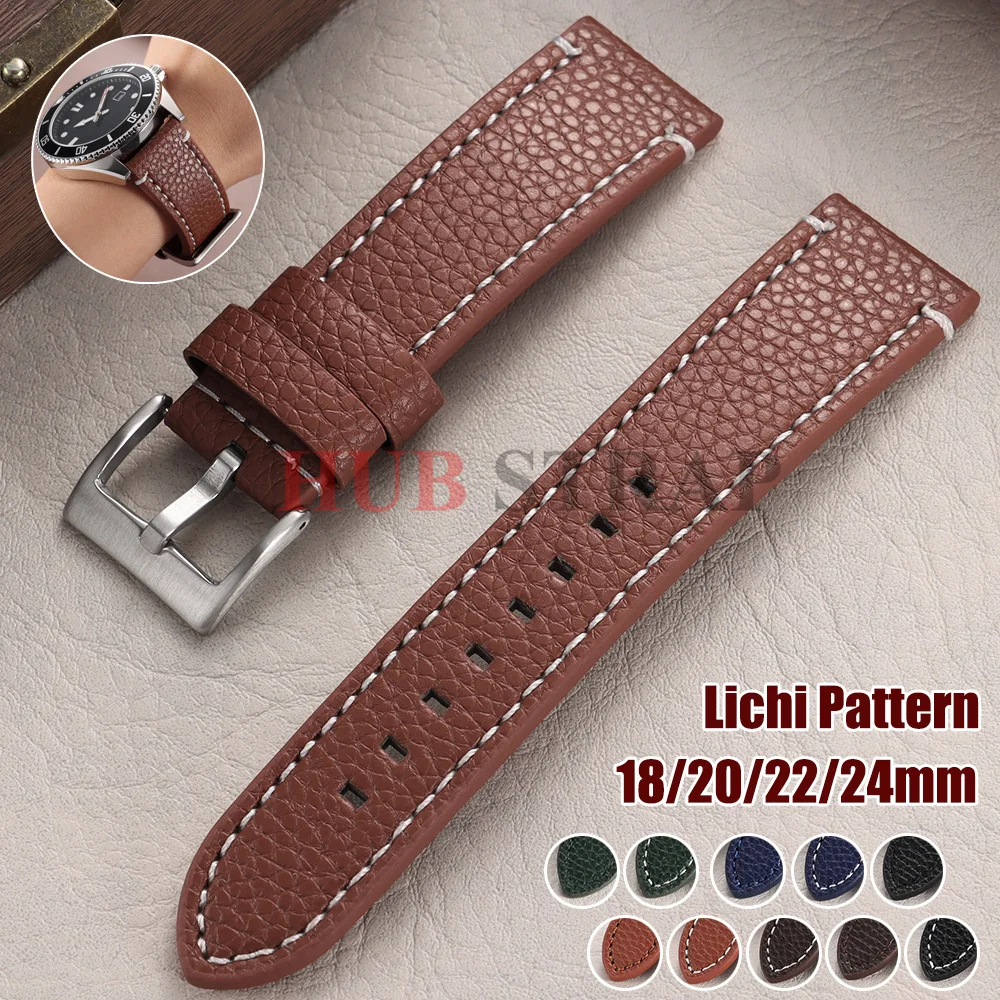 18/20/22/24mm Lichi Pattern Watch Strap Leather Watch Band Busuness for Men Women Universal High-quality Wrist Watchband + Tool