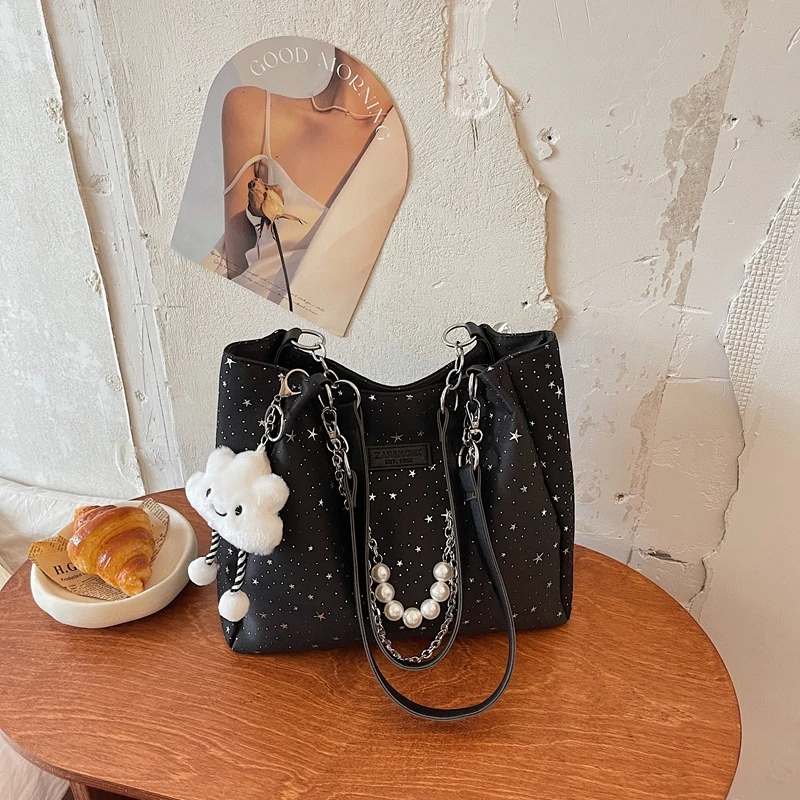

Cute Cloud Charm Rhinestone Tote Bag, Casual Large Capacity Hobo Bag with Pearl Chain, Women's Shoulder Bag for Work & Travel