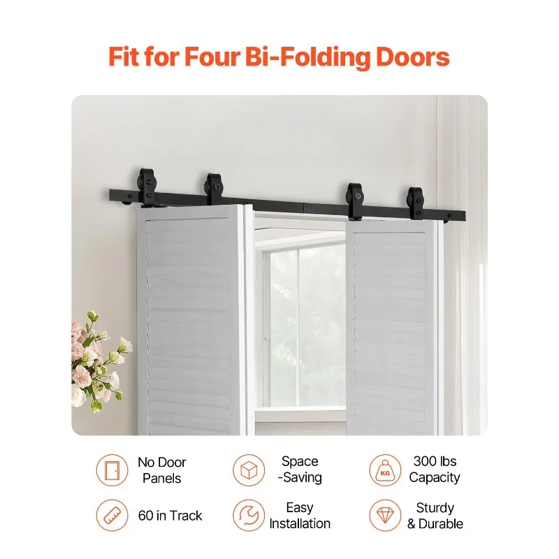 Bi-Folding Sliding Barn Door Hardware Track Kit 60" for Four 14" Doors