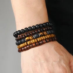 5Pcs/Set Black Gall Stone Volcanic Stone Wood Beads Multi-layer Men's Combination Elastic Bracelet For Couple Friends Jewelry