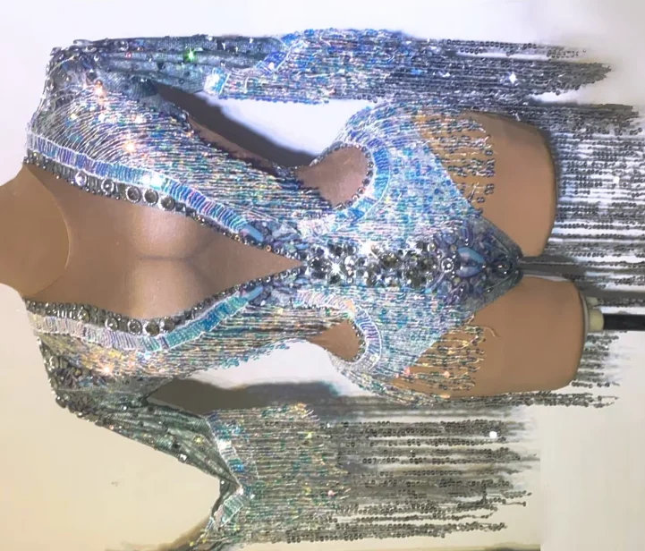 

Эластичный купальник с длинными рукавами для ночного клуба, DJ Singer DS, костюм, блестящие стразы, блестки, кисточки, боди, вечерние шоу, сценические наряды