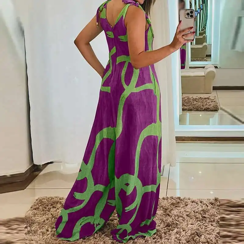 Pelele con tirantes sin mangas y estampado informal, monos plisados de calle a la moda, mono elegante con cuello en V y bolsillo de pierna ancha