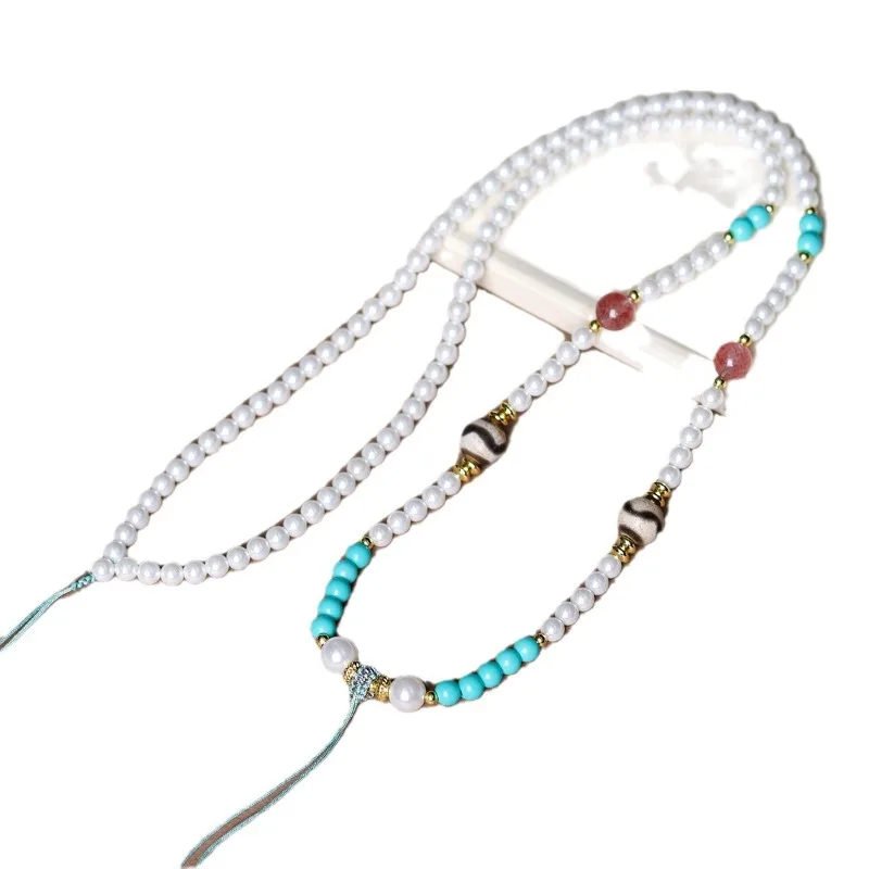 Handwoven Pearl Shell New Chinese Pendant Cord with Strawberry Crystal & Magnesite Turquoise Charms, Women's Gift