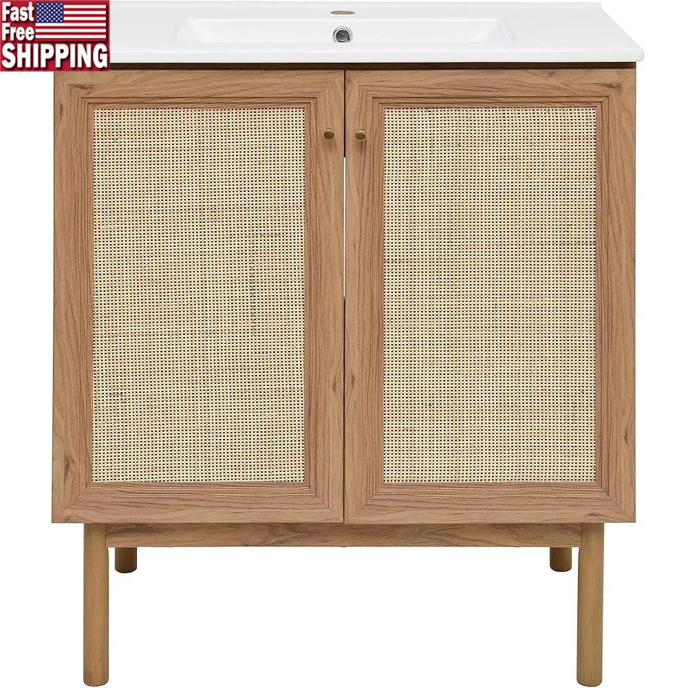 

Freestanding Bathroom Vanity with Oak Sink Cabinet Soft Closing Doors Open Back Access Pre-Drilled Faucet Hole Heavy Duty Design