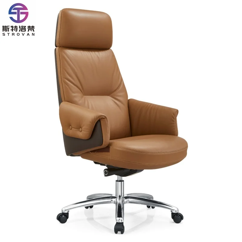 

Luxury Boss Executive Chair Modern Design Swivel Office Chair Genuine PU Leather Adjustable Height Aluminum Base Good