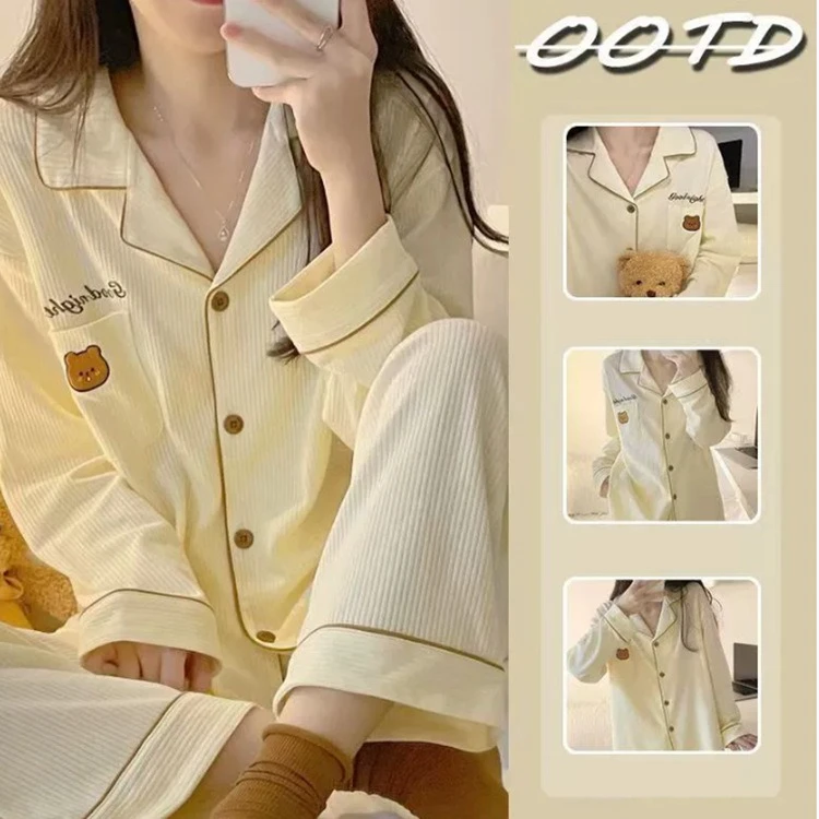 Frühling Herbst 2-teiliges Set Damen Cartoon Niedlicher Pyjama Locker Bequem Modische Hauskleidung Mädchen Langarm Lange Hose Pyjama-Sets