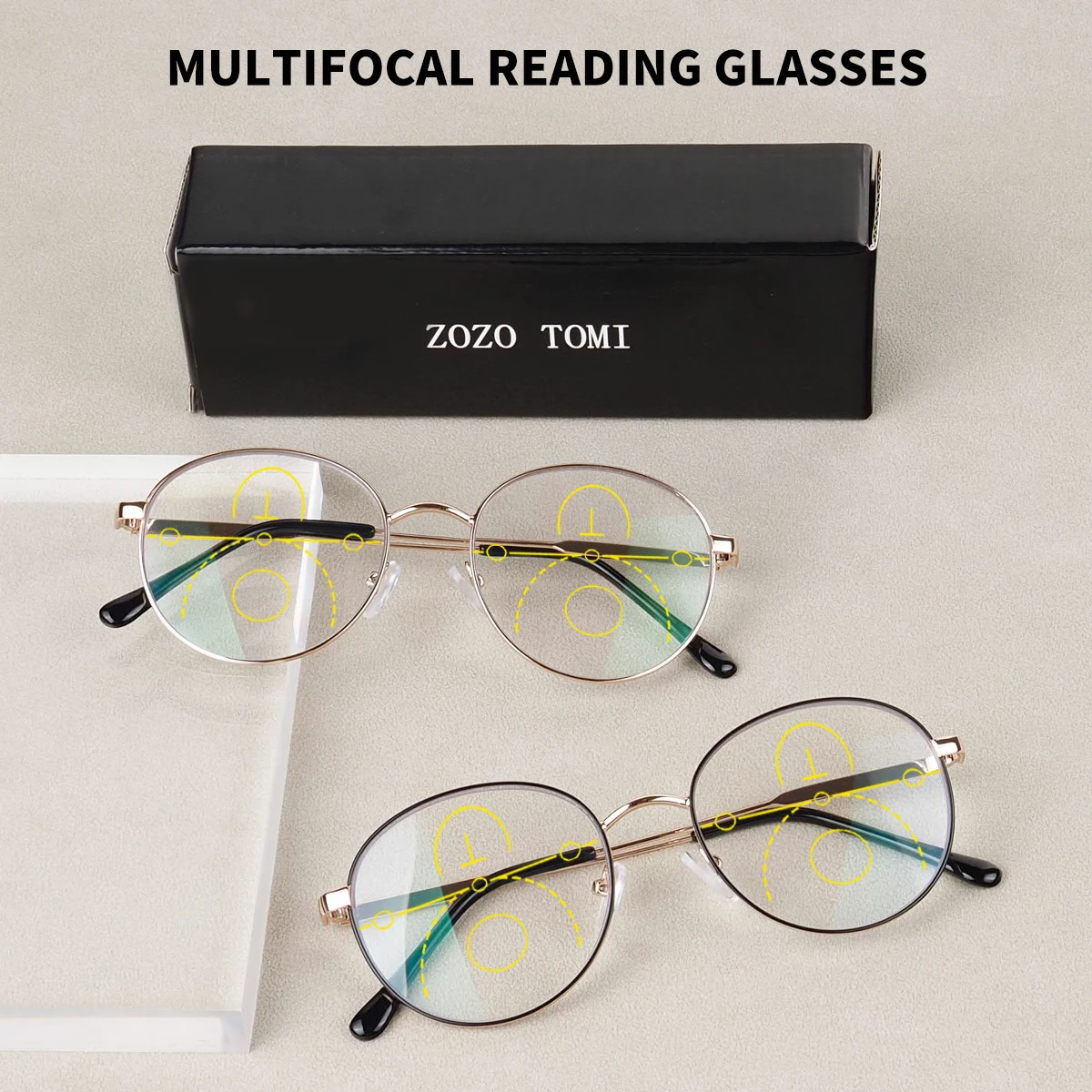 

Progressive Multifocal Reading Glasses, Retro Round Frame, Metal Hinge, Same Style for Men and Women.
