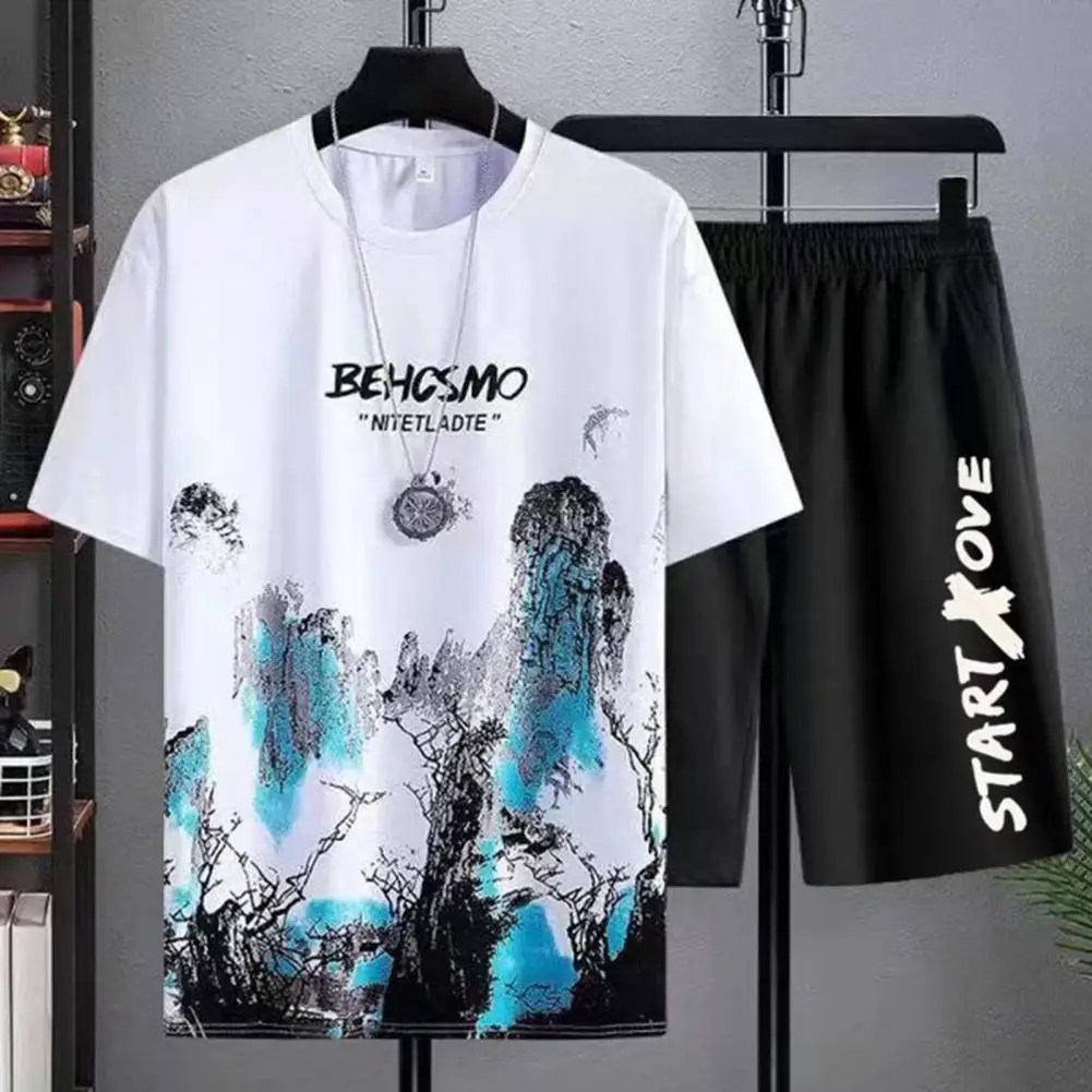 2Pcs/Set O-Neck Short Sleeve Jogger Outfit Pockets Ice Silk Men Mountain Scene Print T-shirt Wide Leg Shorts Set Streetwear