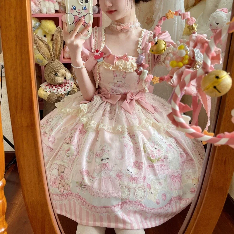 Kawaii Rabbit Bear Wardrobe Lolita Dress Women Cute Lace Mesh Ruffles Bunny Print Princess Dresses Girls Sweet Tea Party Dress