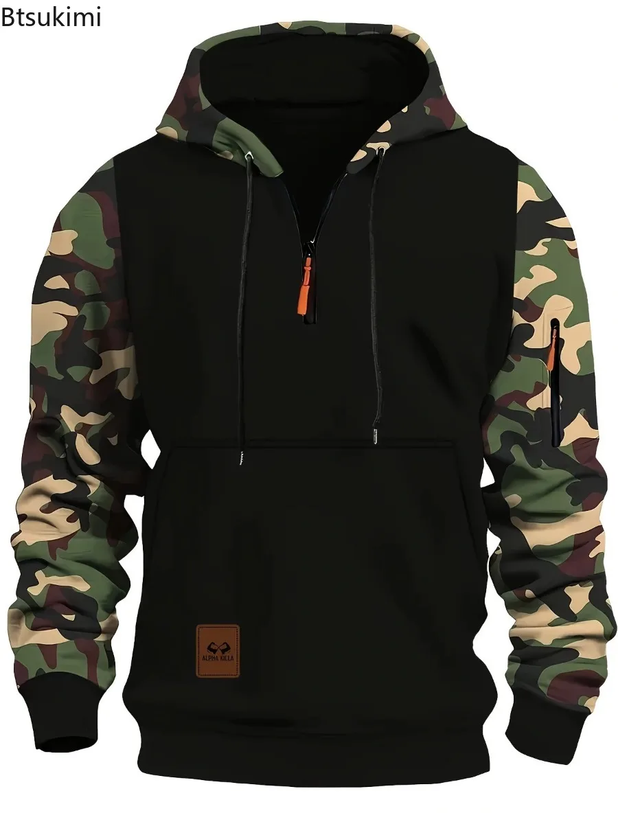 2025 Spring Autumn Men's Casual Hoodies Quality Arm Zipper Long Sleeve Pullovers Trend Camouflage Color Blocking Men Sweatshirts