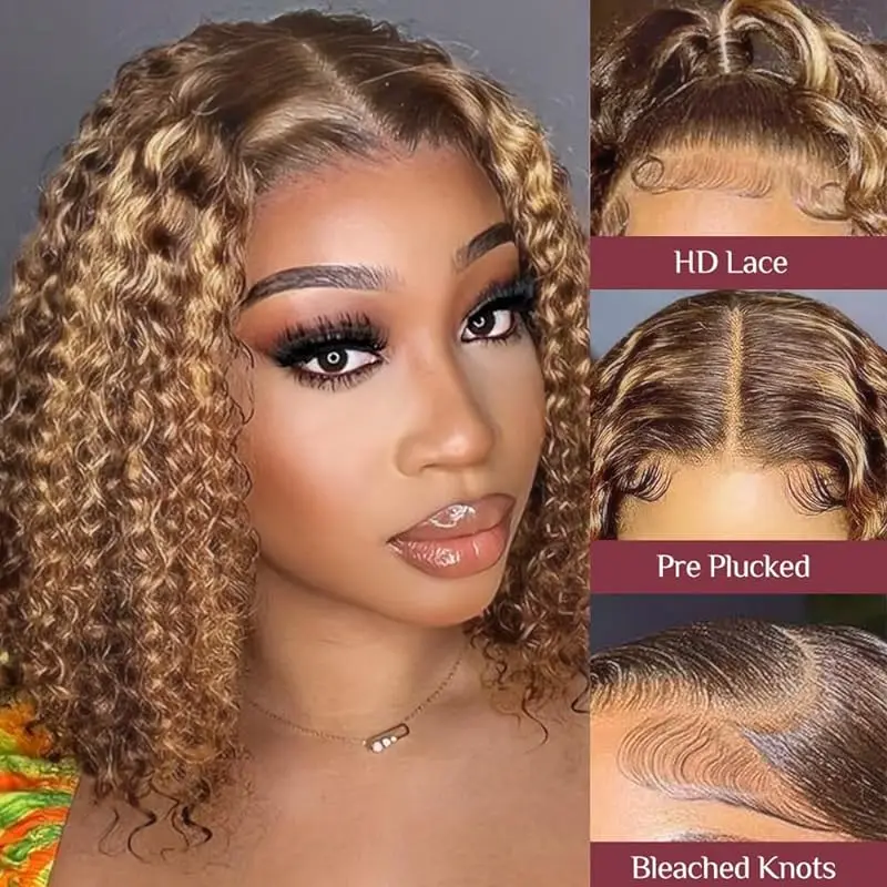 Perruque Bob Lace Front Wig 4/27 Naturelle, Cheveux Blond Miel, Deep Wave, 13x4, Convient aux Femmes Noires, Convient aux Festivals