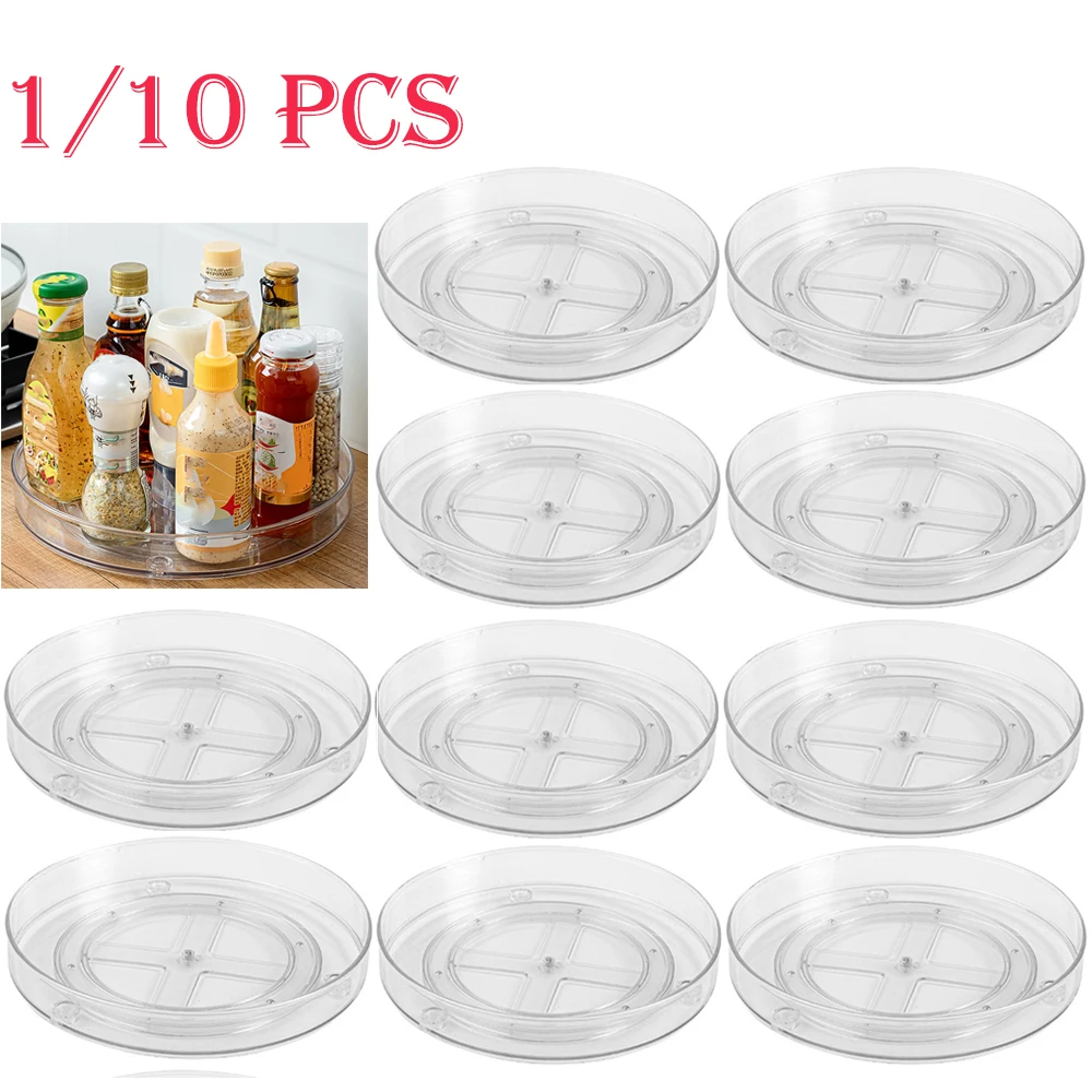 1-10Pcs Clear Turntable Storage Tray Multifunctional Spice Rack Cosmetic Storage Tray Cabinet Refrigerator Kitchen Storage Rack