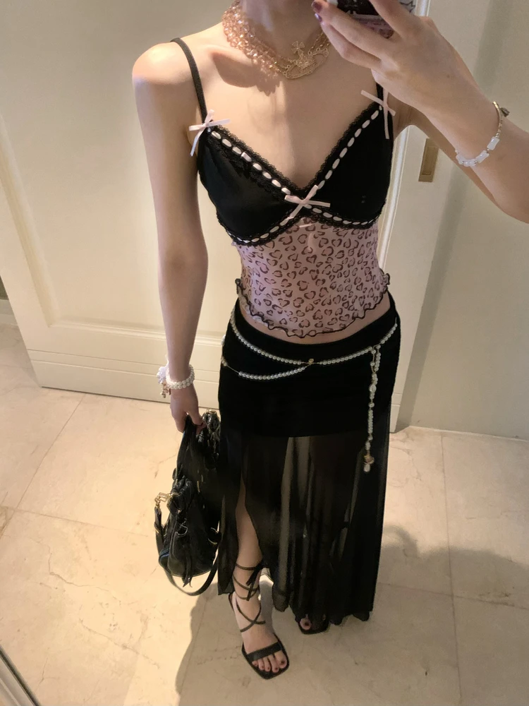 

Ретро-топ GeGe в стиле Spicy Girl с розовым сердцем и леопардовым принтом, укороченный топ на бретельках, сексуальная юбка-миди, облегающая юбка для повседневной носки, комбинированная, приталенная, Po...