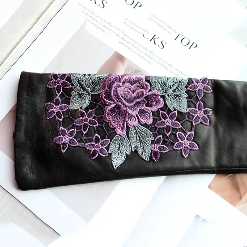 High Quality Imported Goat Leather Long Gloves Women Fashion Embroidered Pattern Winter Warm Velvet Lining Black Sleeves