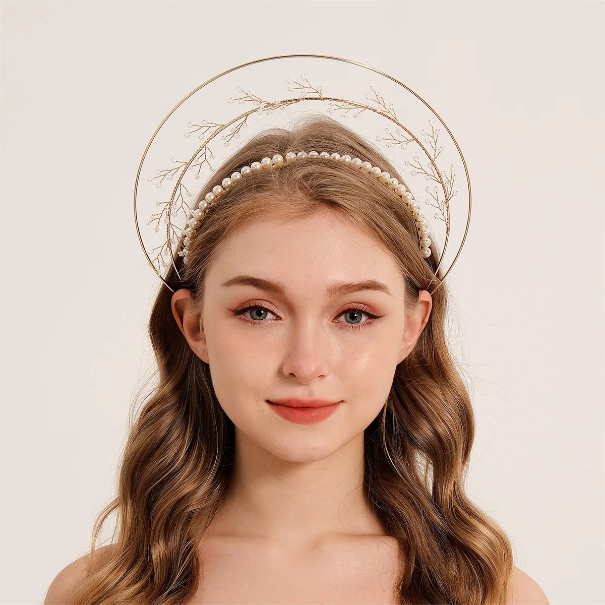 Miallo New Fashion Madonna Halo Crown Lolita Goddess Handmade Pearl Tiara Bridal Crown Birthday Party Hair Accessories