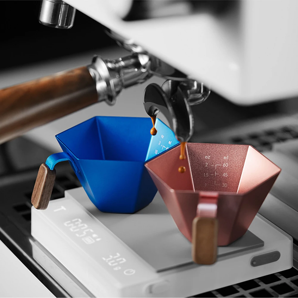 Espresso Measuring Cup, Hexagon Stainless Steel Espresso Shot Cup, Wide Mouth & V-shaped Pour Spout Coffee Mug with with Wooden