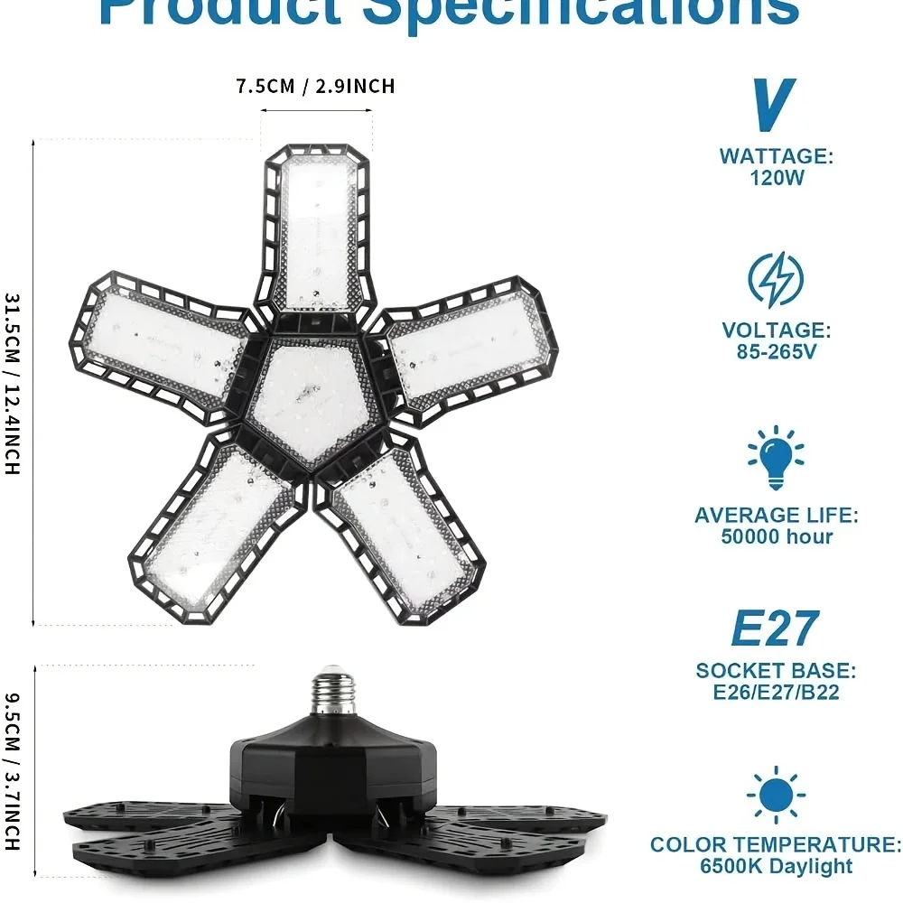 1/2 pièces LED lumières de Garage avec 5 + 1 panneaux réglables E26/E27 plafonnier déformable 6500K LED magasin lumière pour sous-sol Garage