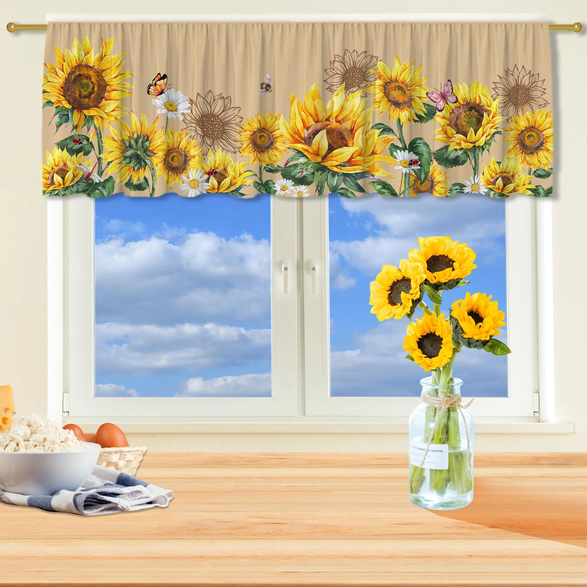 Valance Curtain for Kitchen-Sunflower Decorations Yellow Floral Window Valance for Living Room Bedroom Rod Pocket Valances