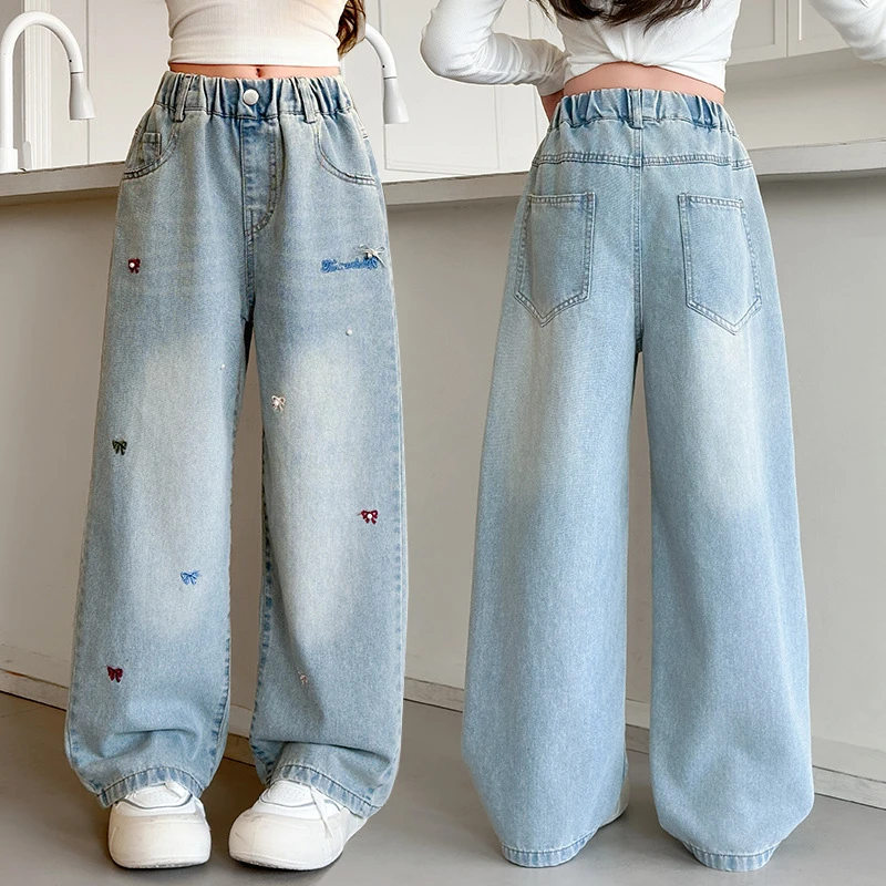 Girls' Autumn Light blue Jeans with Beading Bow 2026 Spring New Style Teenage Girls' Fashion Loose Denim Wide Leg Pants