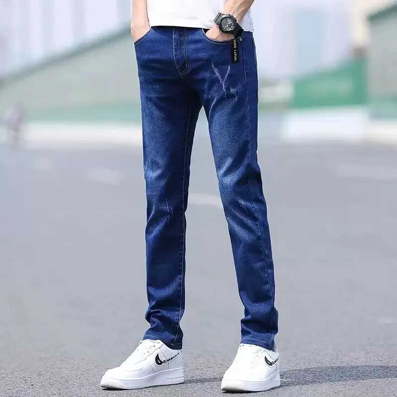 

Весенне-осенние новые модные однотонные прямые эластичные джинсы, мужские тонкие удобные спортивные высококачественные джинсы