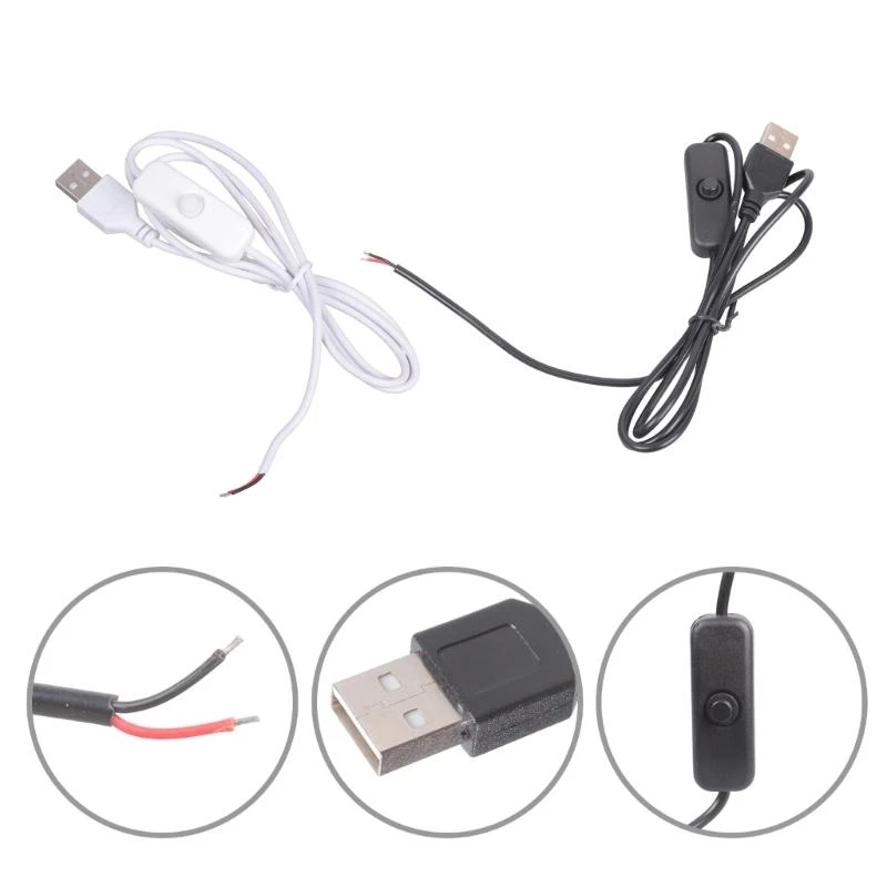 5V1A USB Power Supply Cable with Switches 2 Pin Bare Wire Ends Replace Repair Cable Suitable for Fan Lights Projects