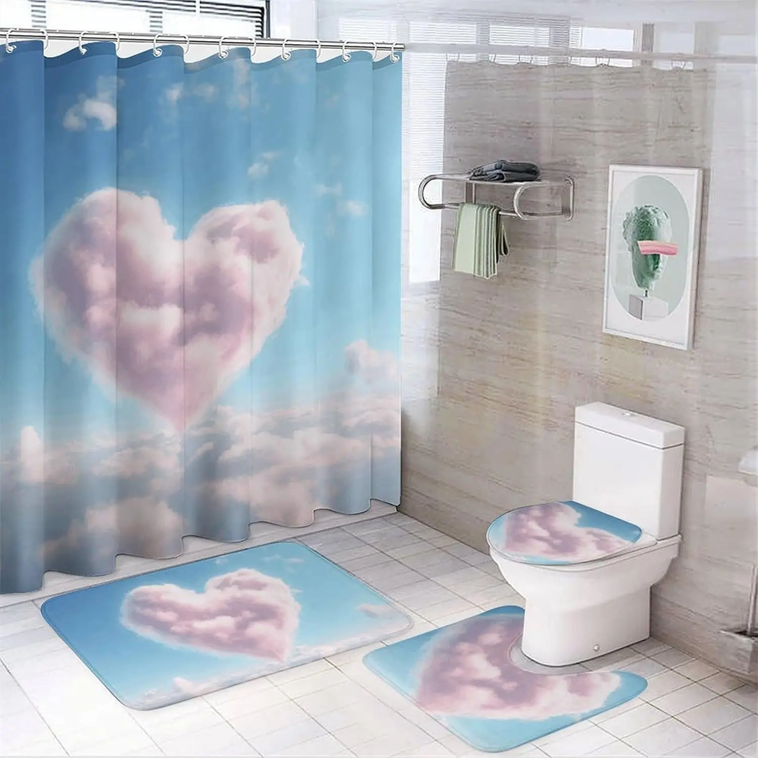 

Heart Shaped Cloud Shower Curtains Set 4 Piece with Non-Slip Rugs, Toilet Lid Cover and Bath Mat Soft Bathroom Carpet Waterproof