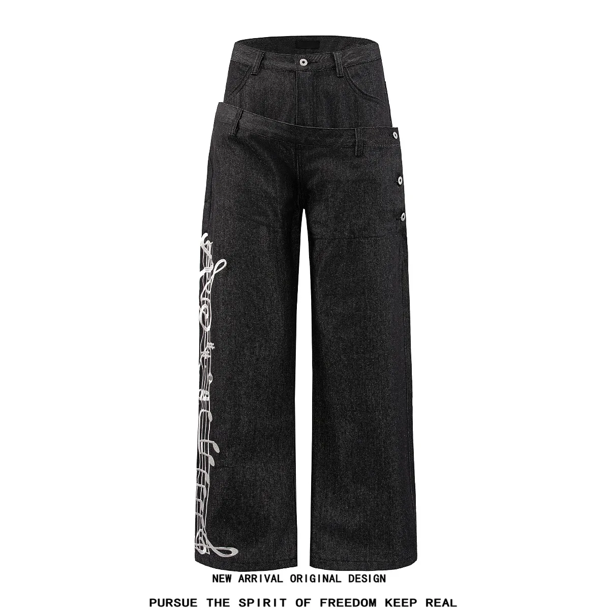 Original Denim Jeans Men Women American Street Loose Straight Stitched Waist Note Pile up Pants Casual All-Match mid Waist