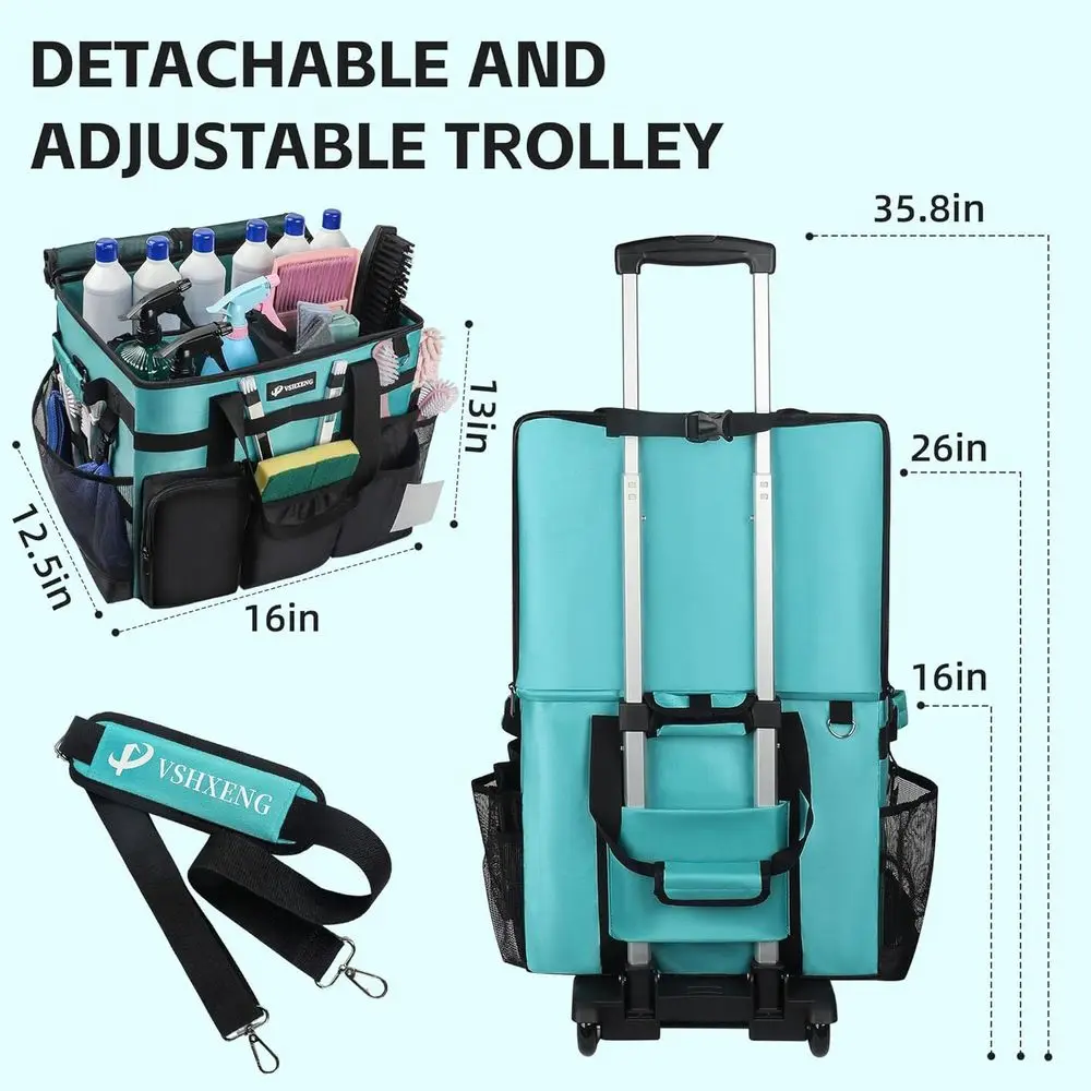 Large Detachable Trolley Cleaning Cart with Shoulder Strap Bags for Housekeepers, Multi-Pocket Storage, Amber Green
