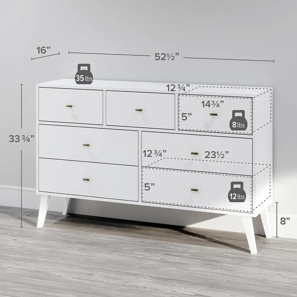 Mid-Century Modern 7 Drawer Double Dresser for Bedroom, Wide Chest of Drawers, Contemporary Bedroom Furniture