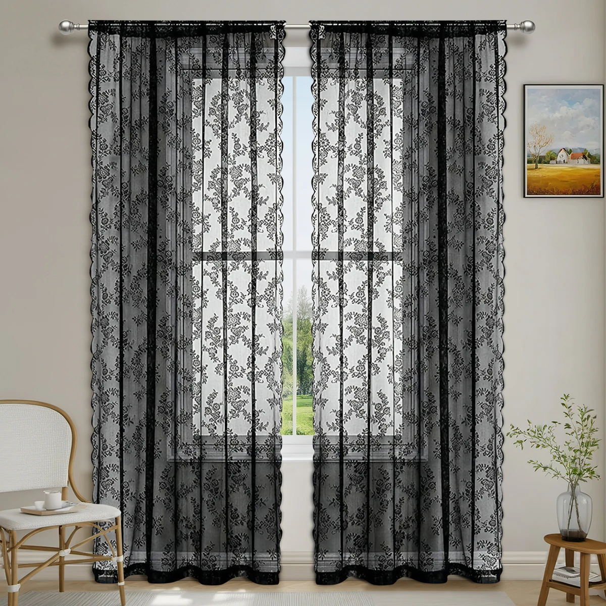 1pc Romantic Lace Sheer Curtain, Flower Lace Window Curtains for Living Room Bedroom Home Decor, Window Screening Rod Pocket image 3