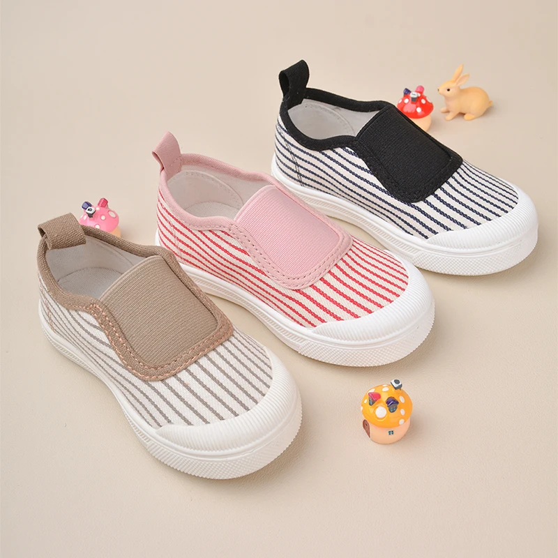 Little Boys and Girls Good-looking Flat Canvas Shoes Toddlers Casual Striped Anti-slippery Sneakers EW9S05