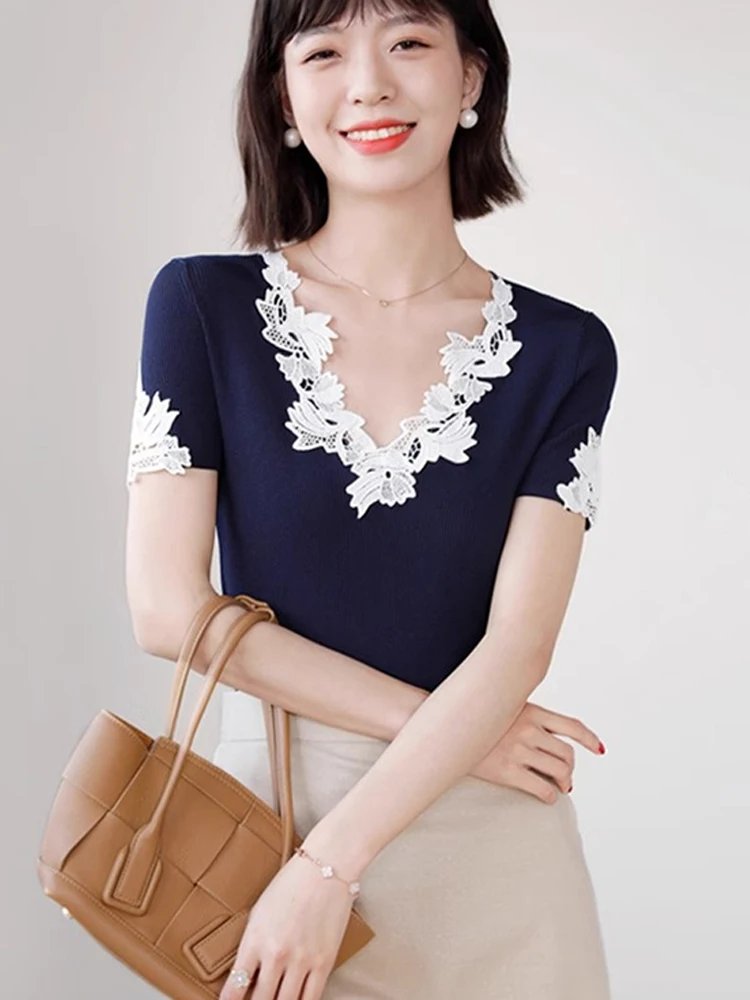 Ele Lace Trim Slim Fit Base irt Summer ort Sve Korean Sle Overhead Commute Gestrickte Casual Damen Top